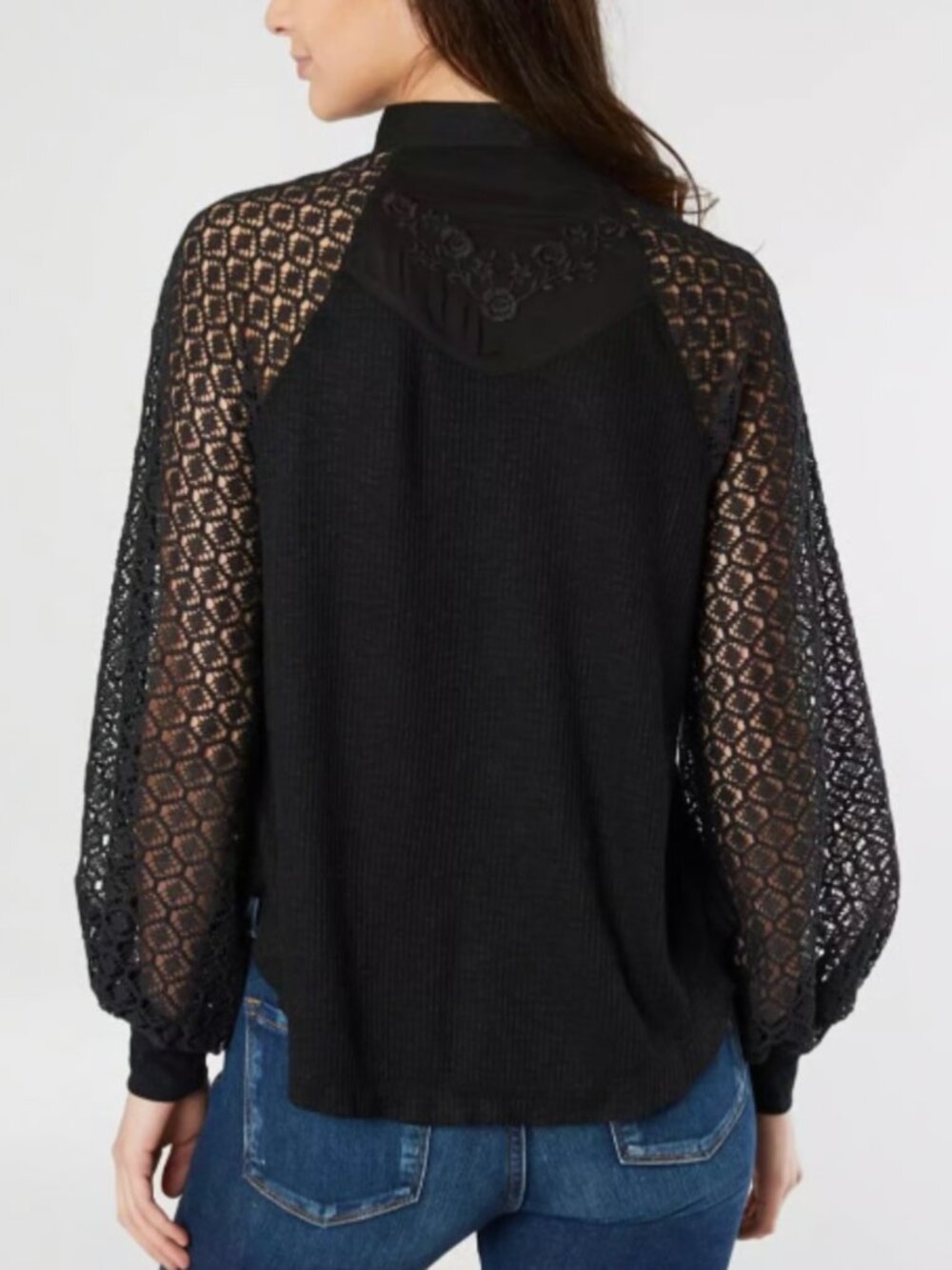 Free People "Sweetest Thing" Embroidered Lace Sleeves Thermal Top - XS